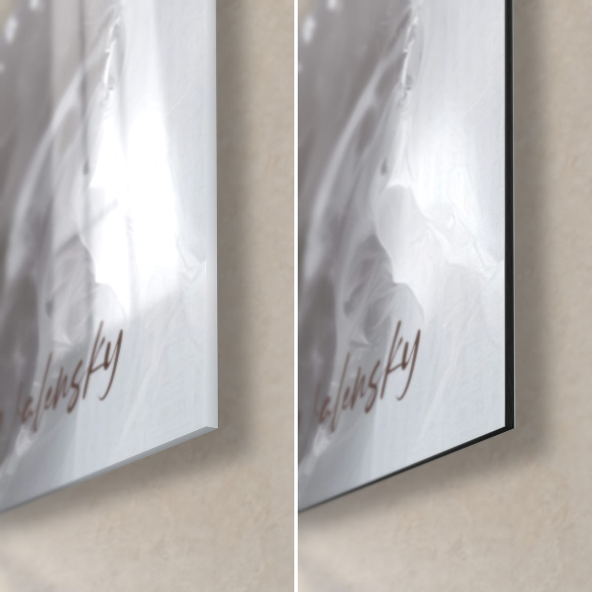 Wall art tiger in burgundy and white, bottom right corner: glossy glass with reflections, matt black Dibond, 3 mm edge
