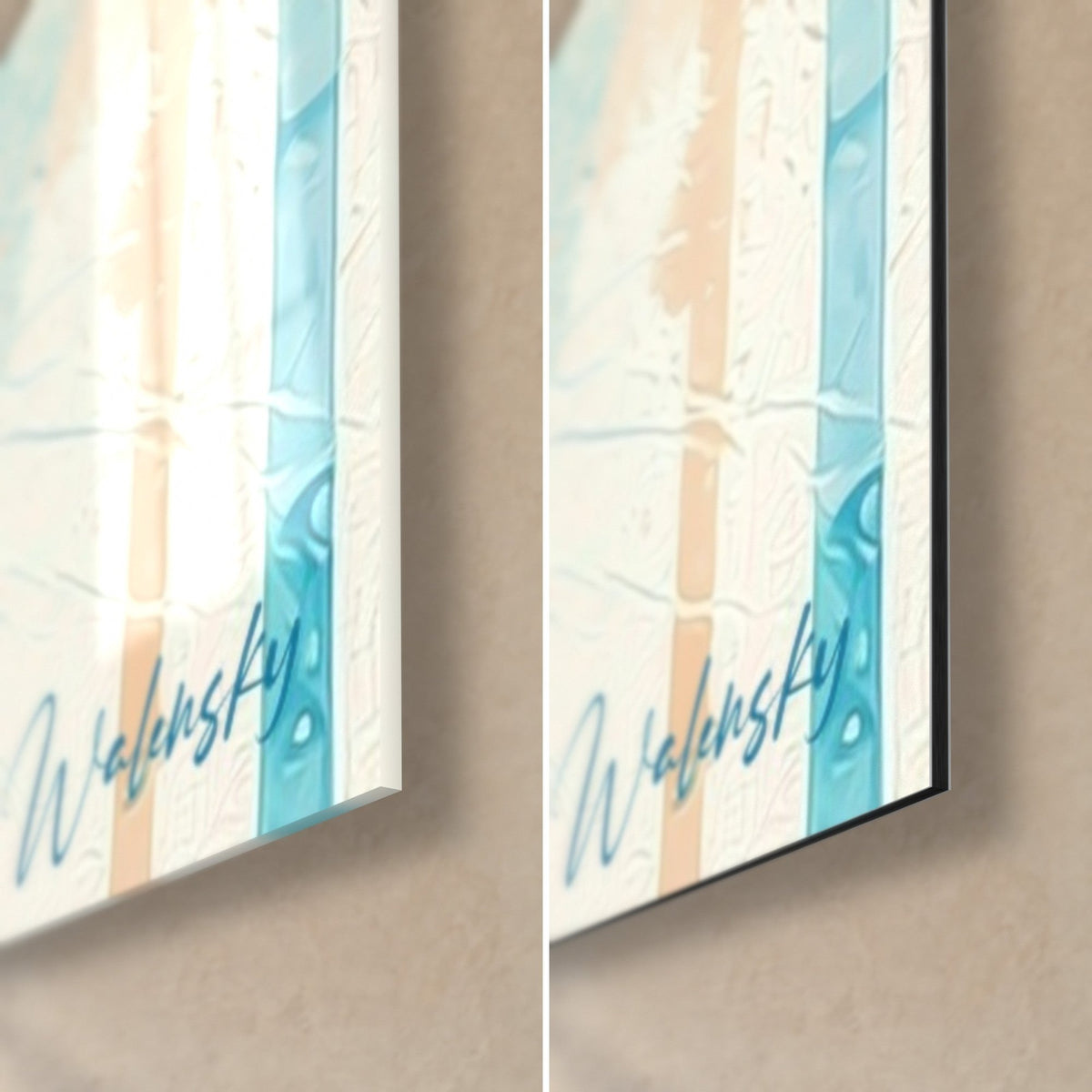 Tableau portrait de tigre en éclats turquoise et crème, coin bas droit, signature Walensky, verre brillant et Dibond mat