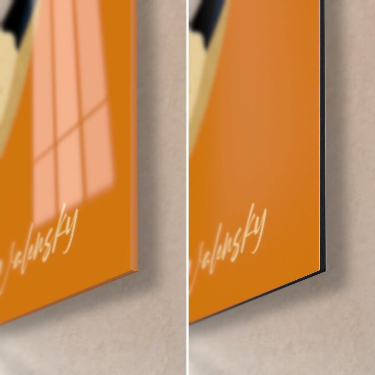 Wall art of a tiger on a vivid orange background, bottom right corner: glossy glass with window reflections, matte black Dibond and 3 mm edge