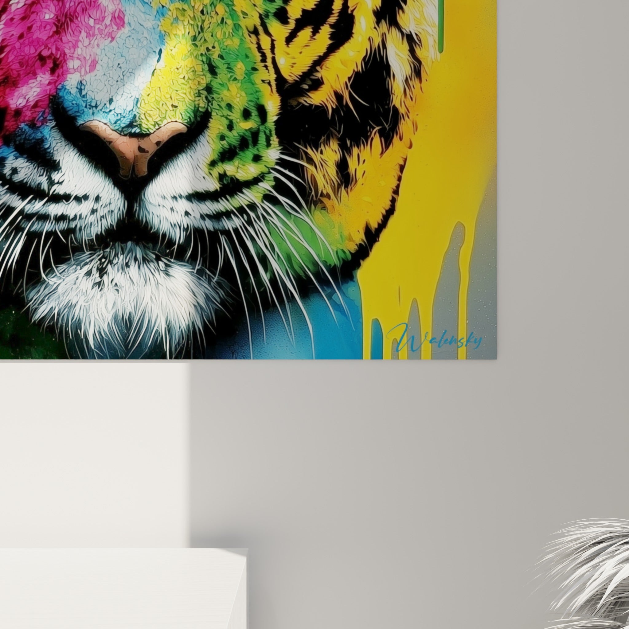Empâtements colorés du museau, coulures roses et vertes se mêlant en gros plan sur la toile