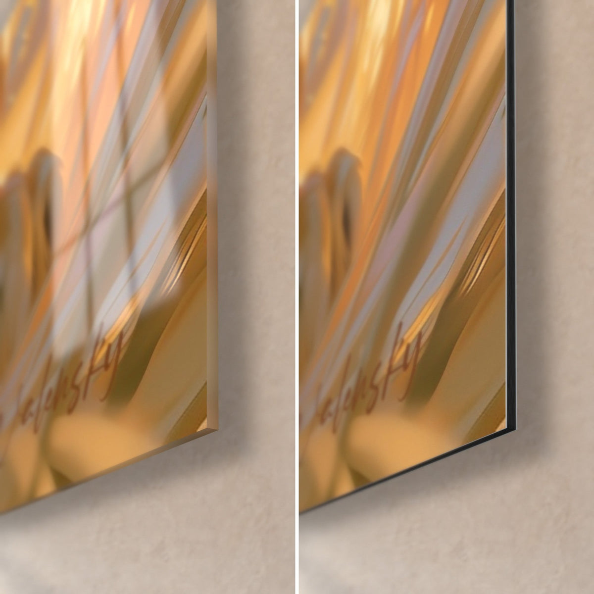 Gemälde einer großen goldenen Raubkatze, untere rechte Ecke, glänzendes Acrylglas mit Reflexen auf einer Seite, mattes Dibond und schwarze Kante auf der anderen