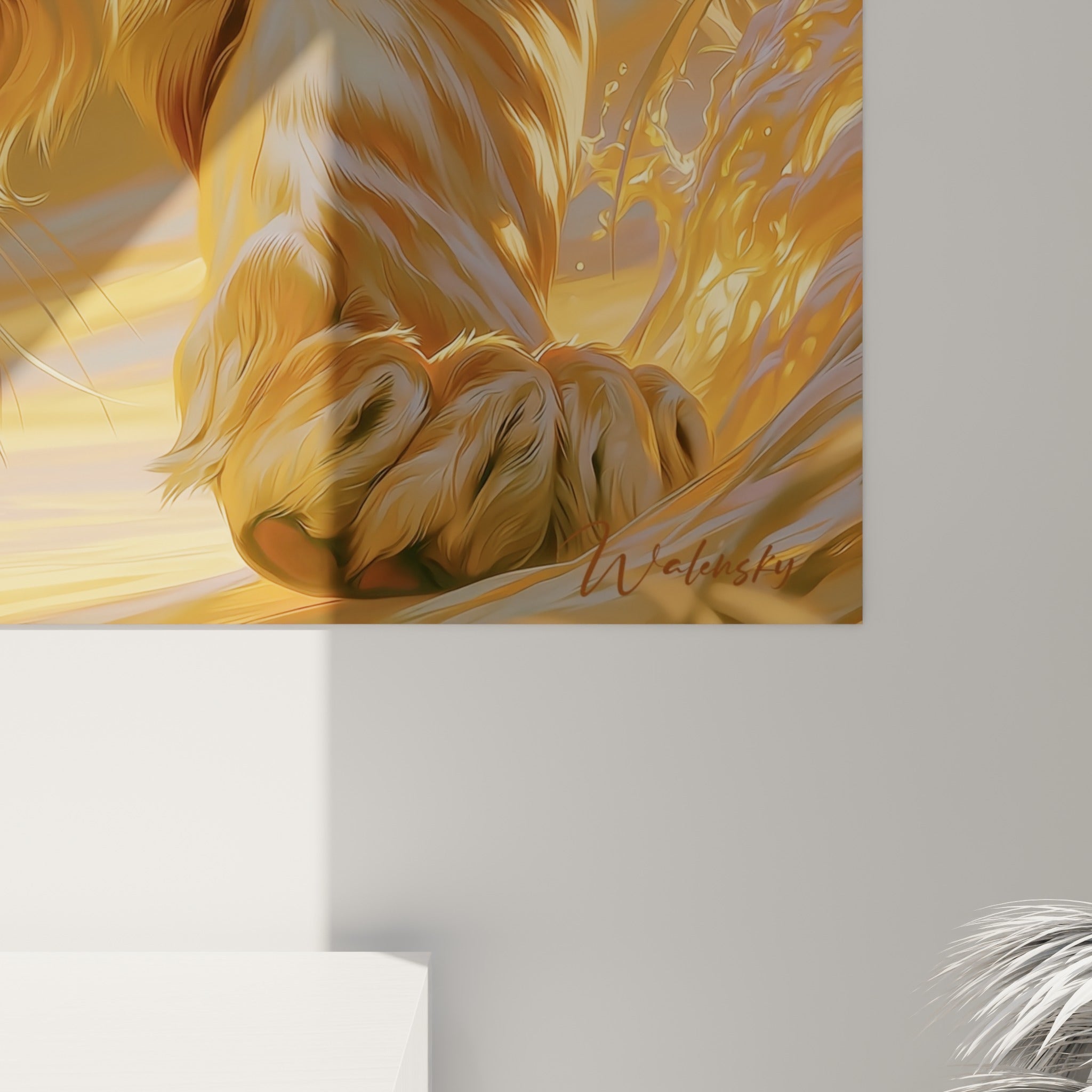 Empâtements dorés et rayures anthracite se mêlent aux reflets d'eau sur cette œuvre du tigre