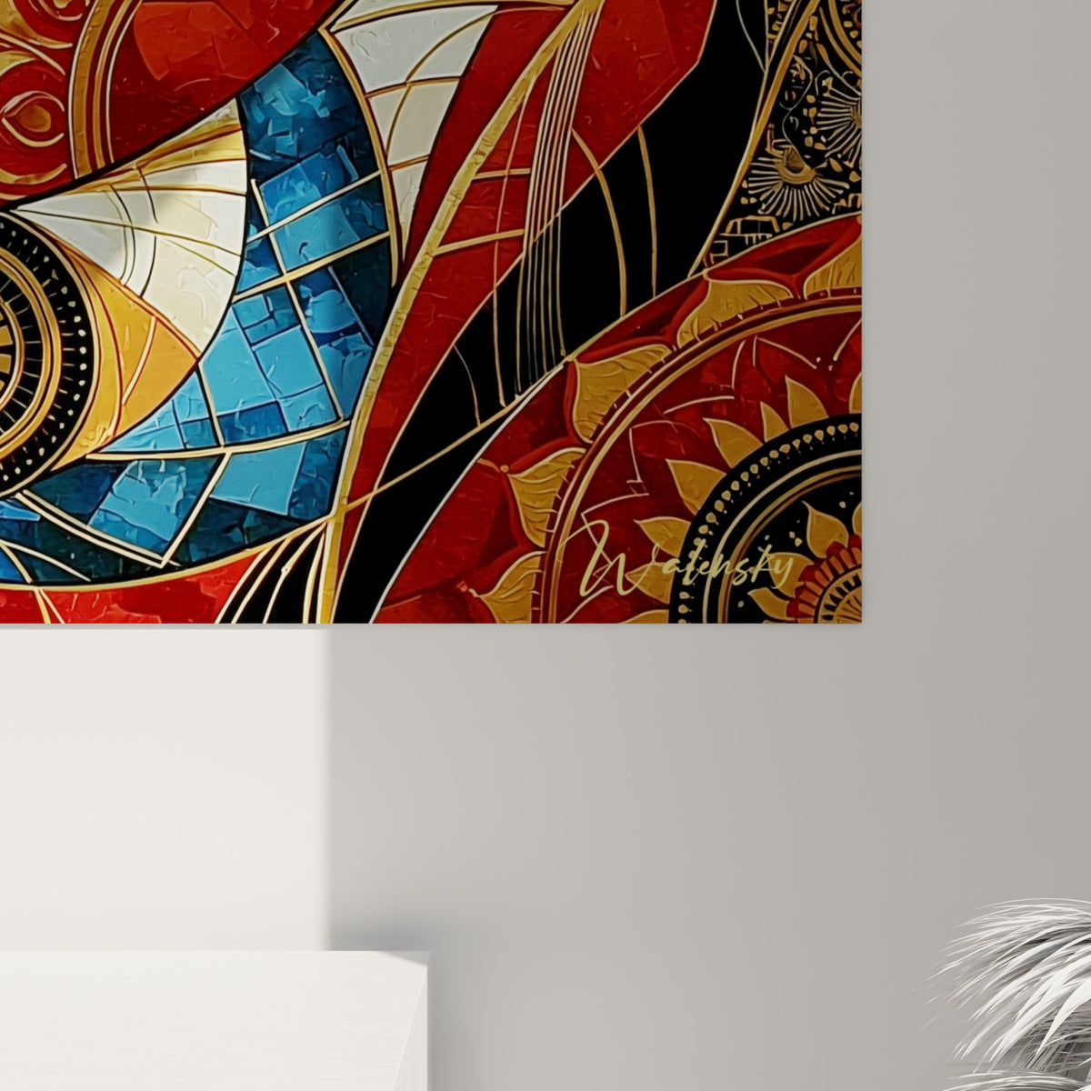 Détail des empâtements dorés et rouges du tigre, lignes noires précises, textures de peinture épaisses et lumineuses