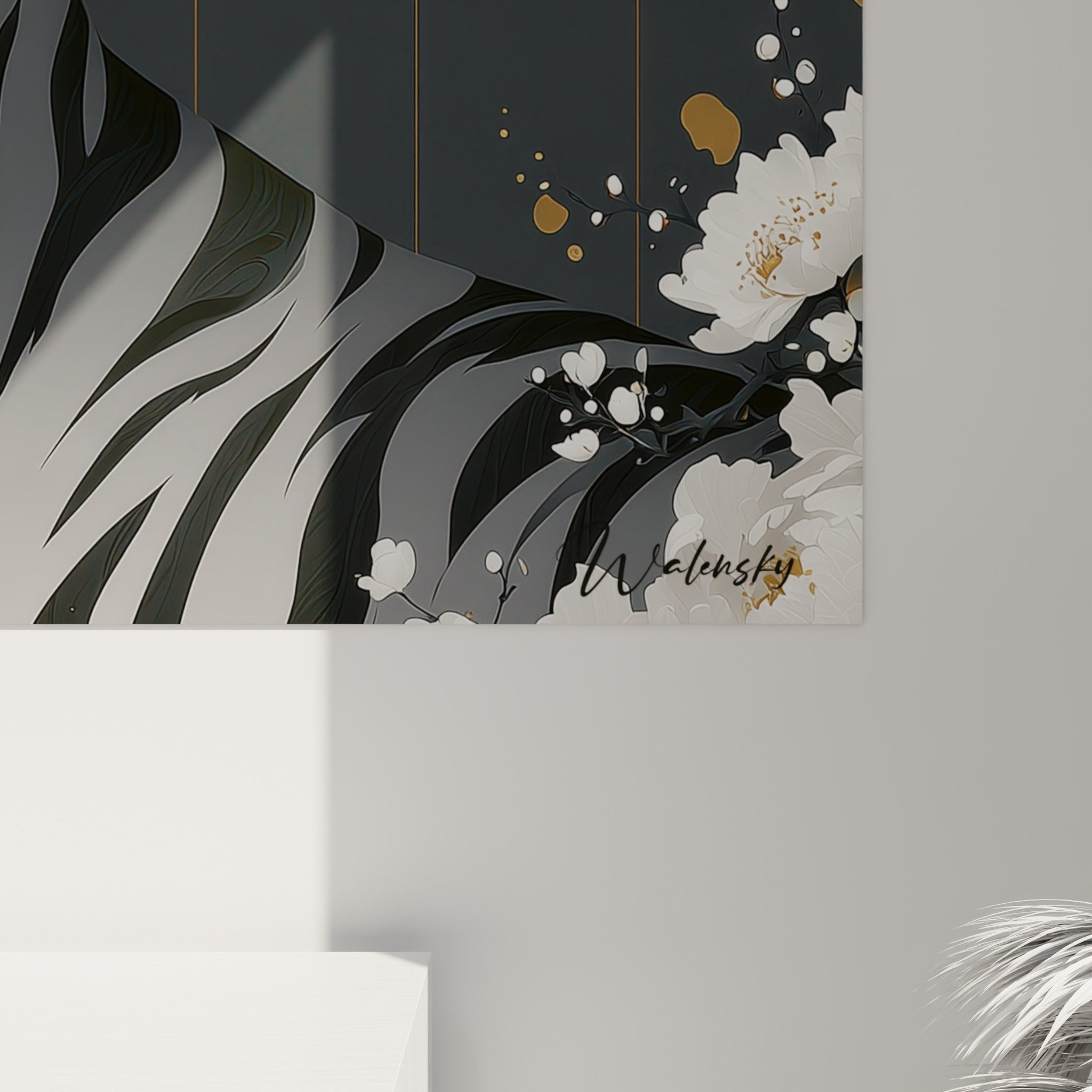 Détail des empâtements dorés et blancs sur fond anthracite révélant la texture rayée du pelage du tigre