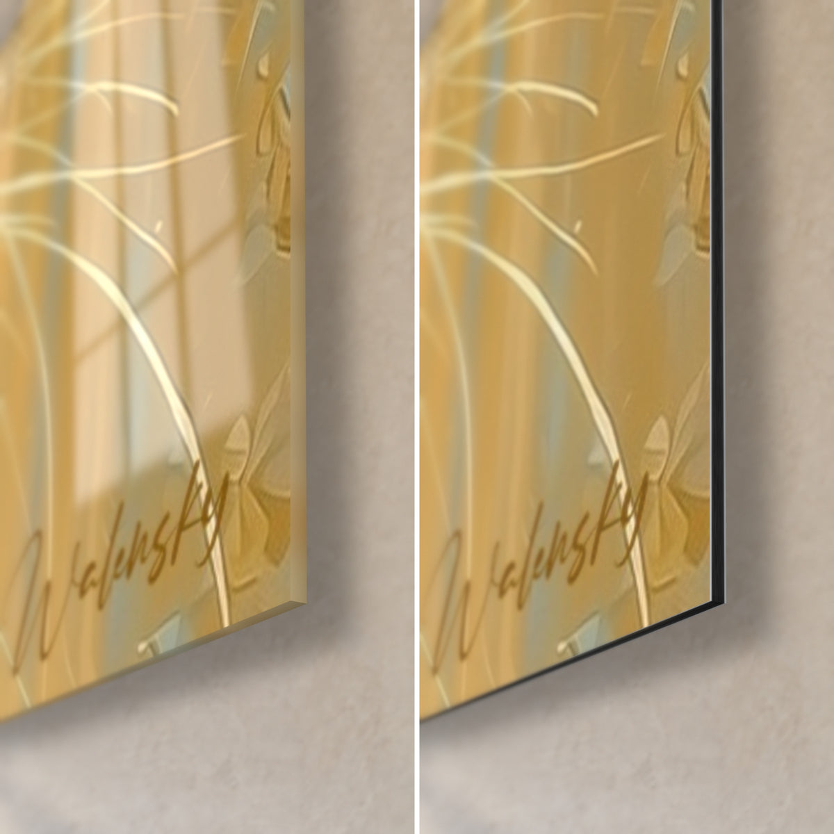 Tableau fauve doré, coin bas droit : verre acrylique brillant à gauche, alu Dibond mat noir à droite, tranche fine de 3 mm