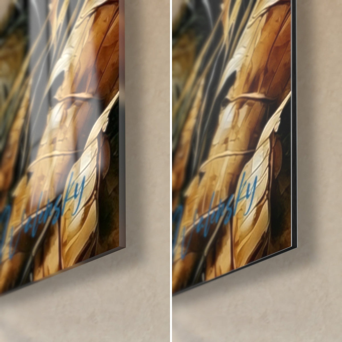 Wall art golden tiger, lower right corner: ochre and cobalt blue leaves, glossy acrylic glass on the left, matte Dibond on the right, slim edge