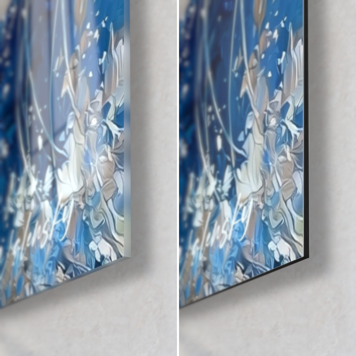 Schilderij blauwe en gouden tijger, rechtsonder hoek: glanzend acrylglas links, mat Dibond-aluminium rechts, rand van 3 mm