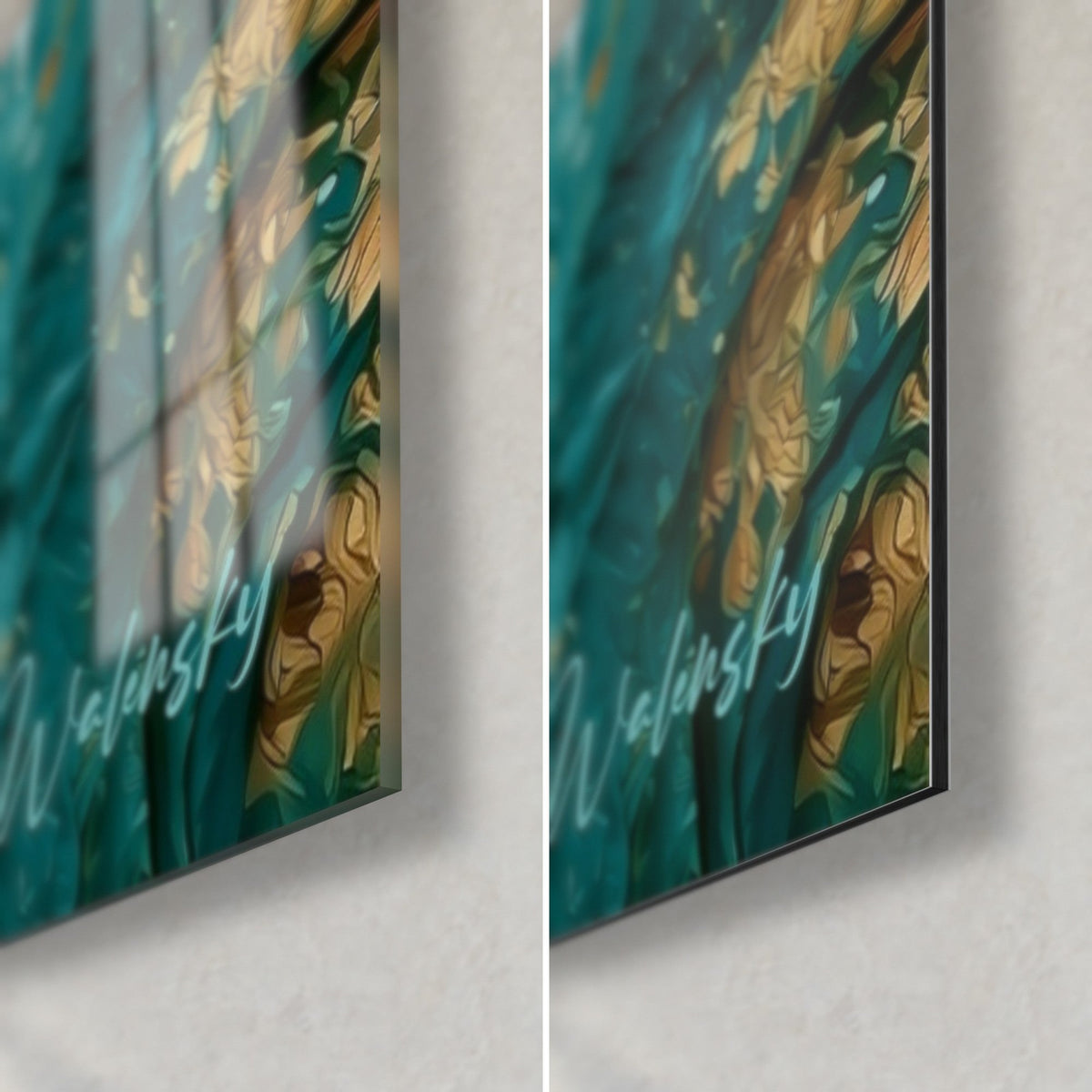Gemälde Türkiser Tiger, Ecke unten rechts: glänzendes Acrylglas links, mattweißes Dibond rechts, 3 mm Kante und goldene Signatur