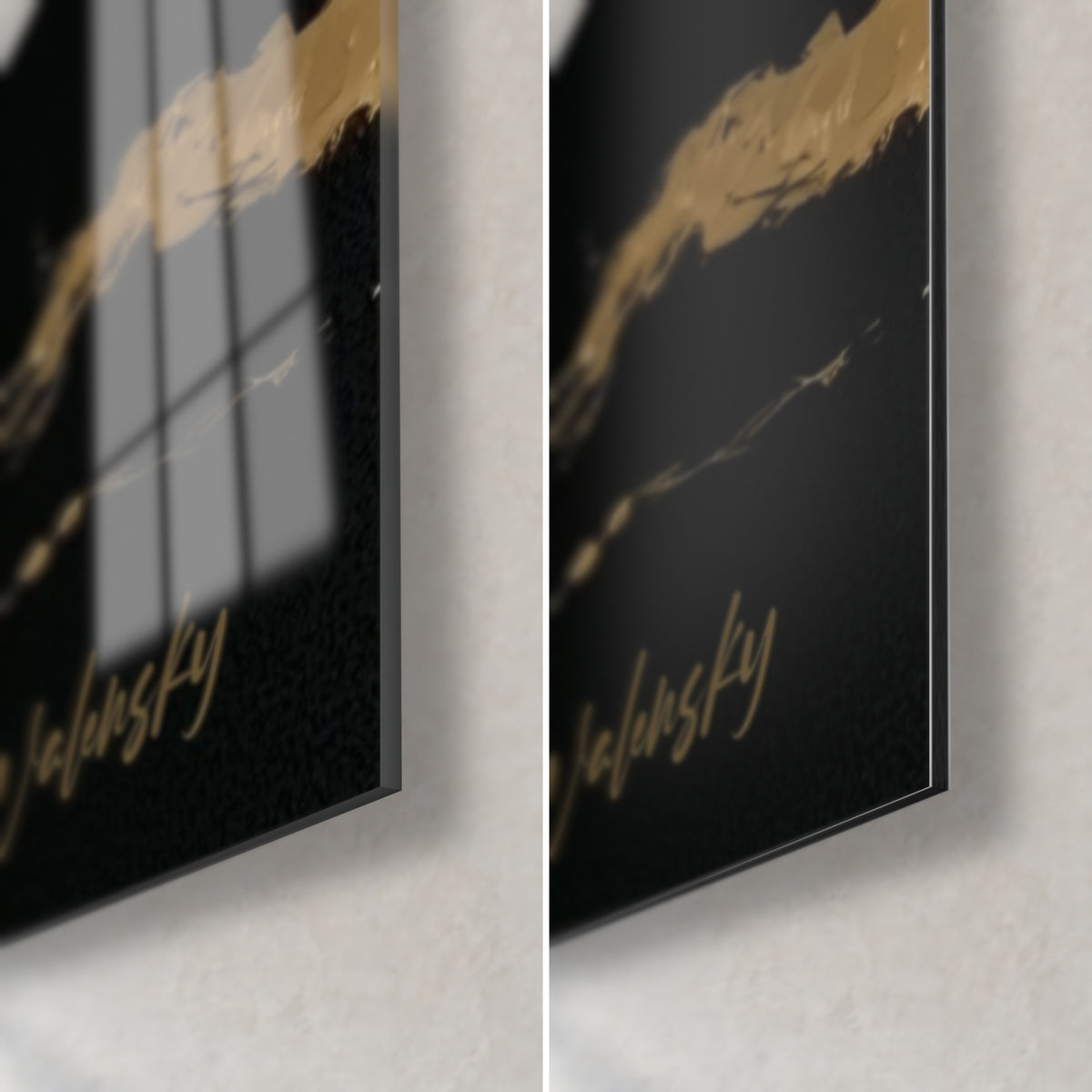 Tableau tigre doré sur fond noir, coin bas droit : verre acrylique brillant aux reflets à gauche, Dibond mat à droite, tranche fine