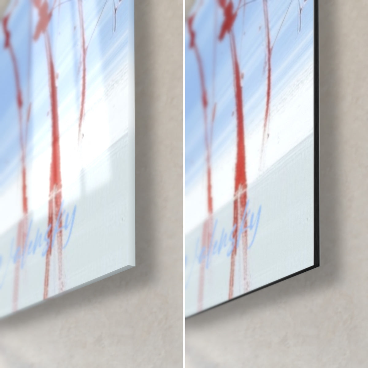 Gemälde Frostiger blauer Tiger, untere rechte Ecke: glänzendes Acrylglas mit Reflexen links, mattes schwarzes Dibond und 3 mm Kante rechts