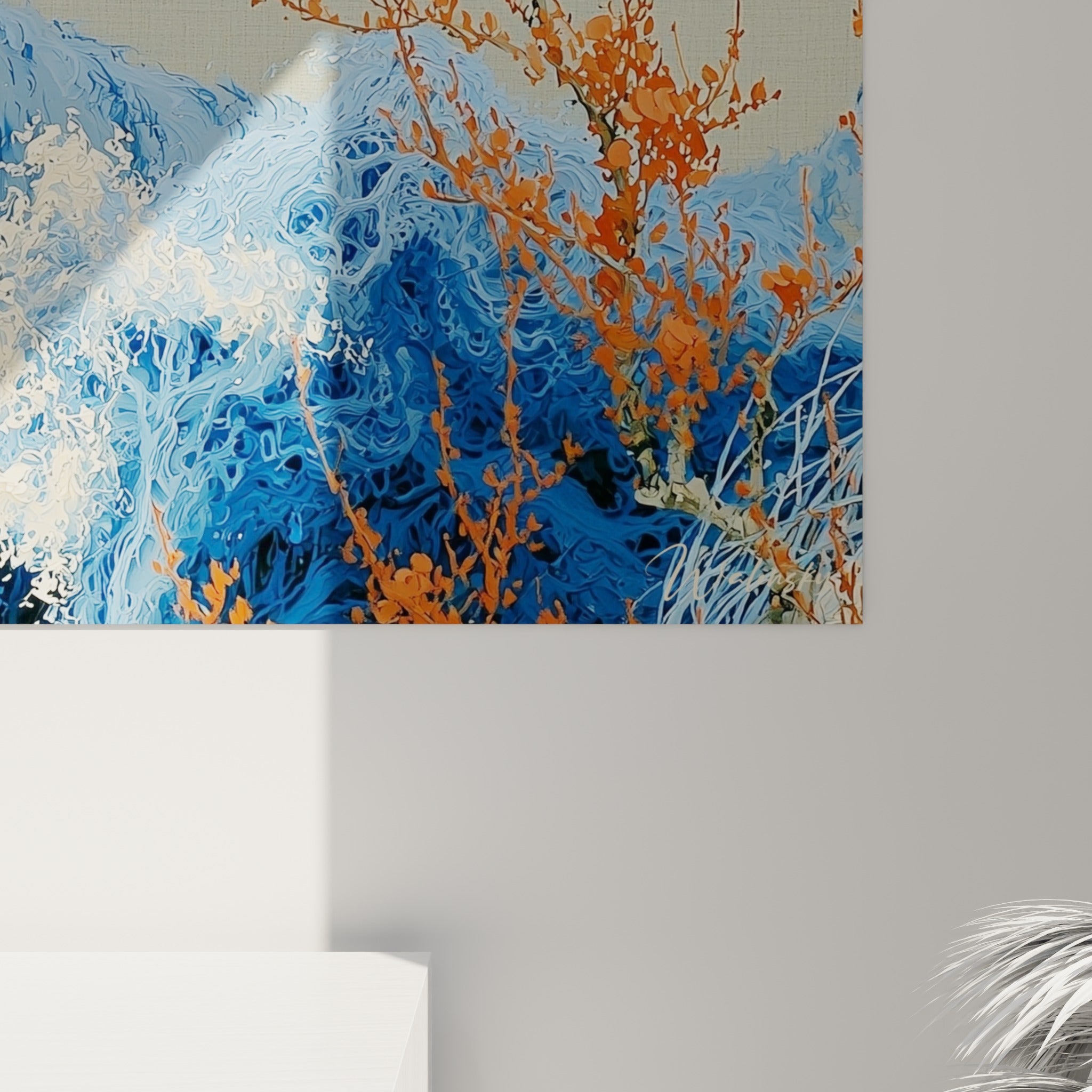 Empâtements bleu pastel et blanc neige du pelage se mêlant aux touches orange corail en gros plan