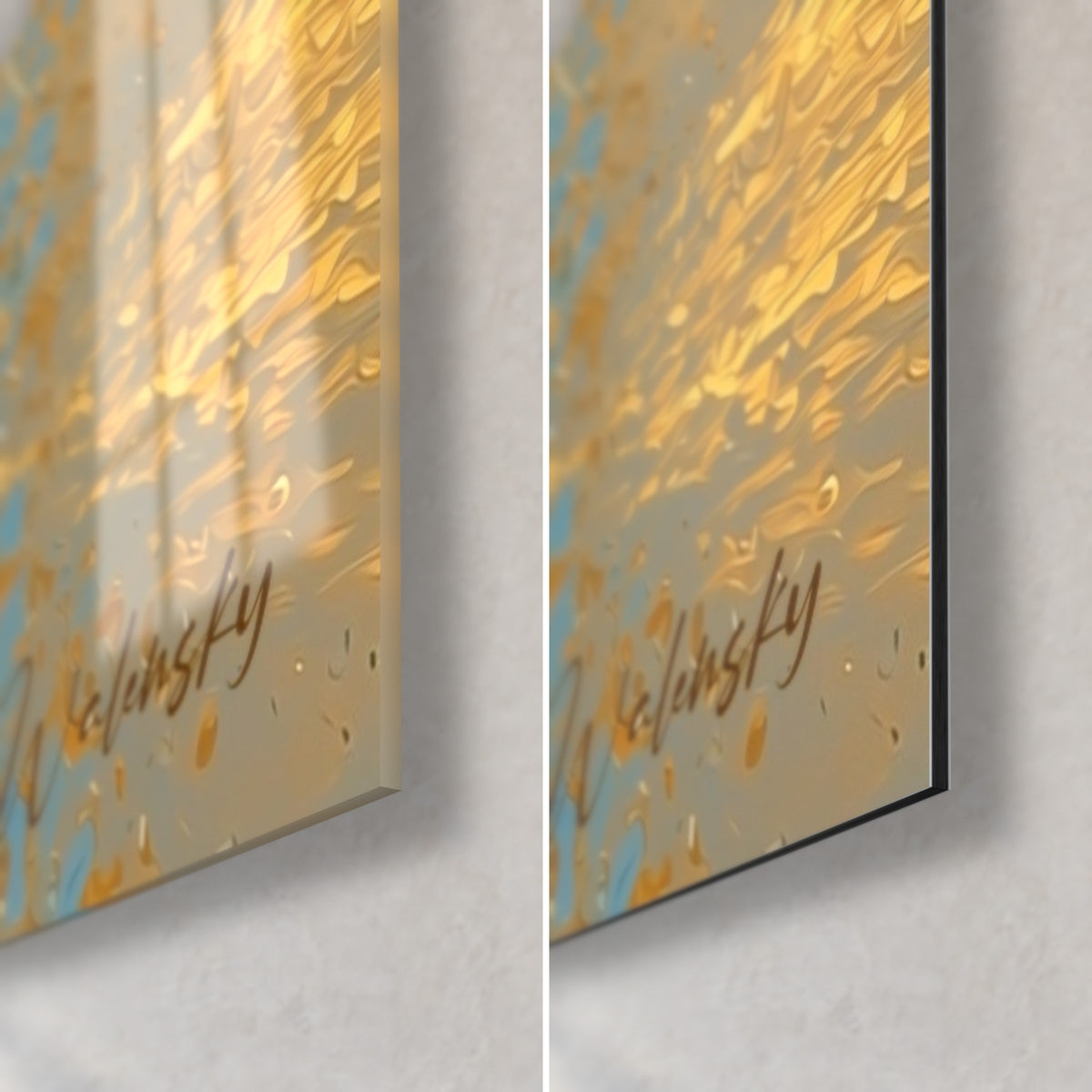Tableau félin aux éclats d'or, signature Walensky, coin bas droit : verre acrylique brillant reflétant, Dibond noir mat, tranche