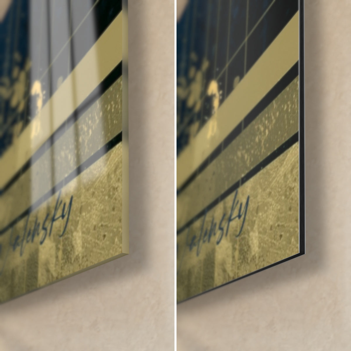 Quadro tigre in blu e oro, angolo in basso a destra in vetro lucido con riflessi e Dibond opaco, firma Walensky, spessore 3 mm