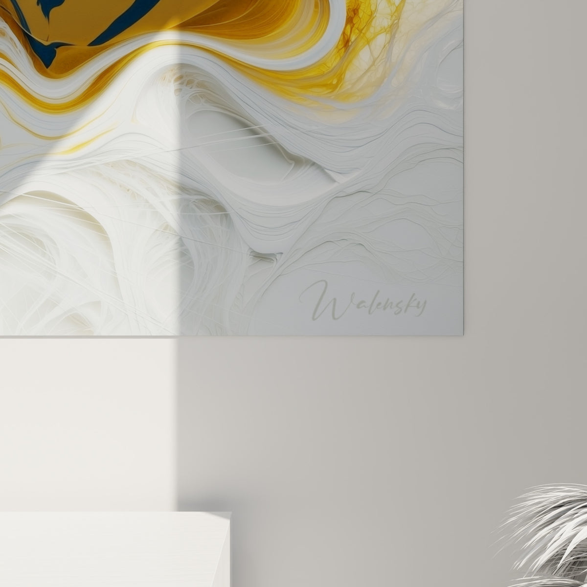 Détail des volutes dorées et bleu ardoise du tigre, texture liquide et empâtements visibles sur la toile