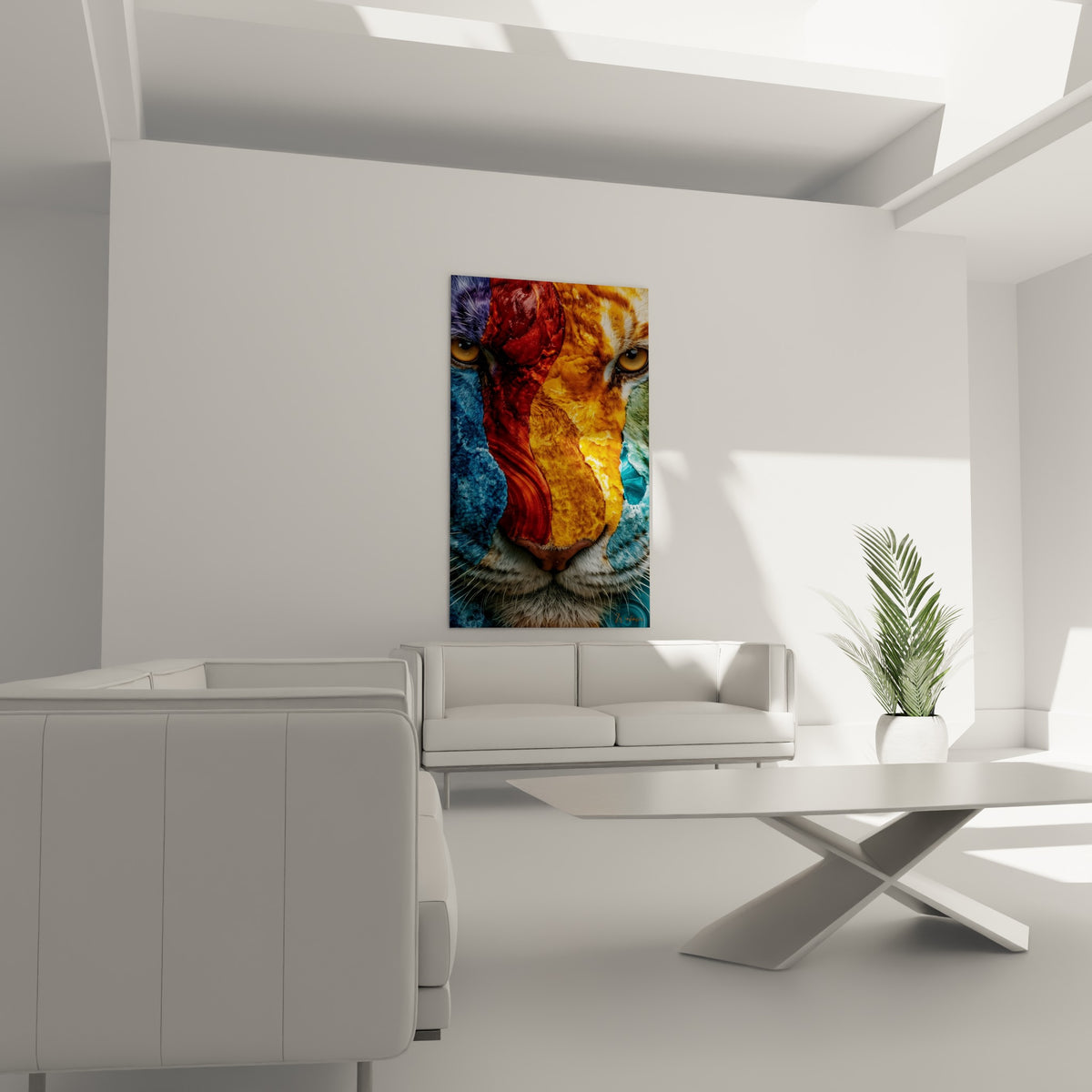 Fauve à la fourrure orange et bleu profond, composition minérale accrochée au-dessus d'un canapé dans un salon lumineux