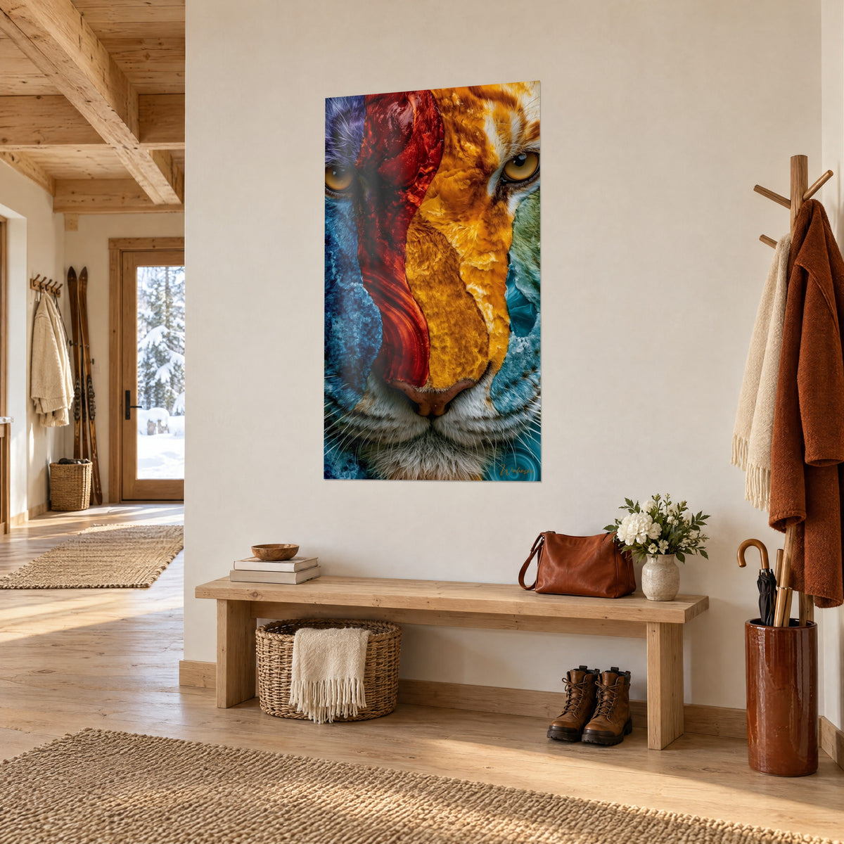 Tableau portrait de tigre fracturé, flanc bleu turquoise et zébrure orange, dans l'entrée d'un chalet boisé