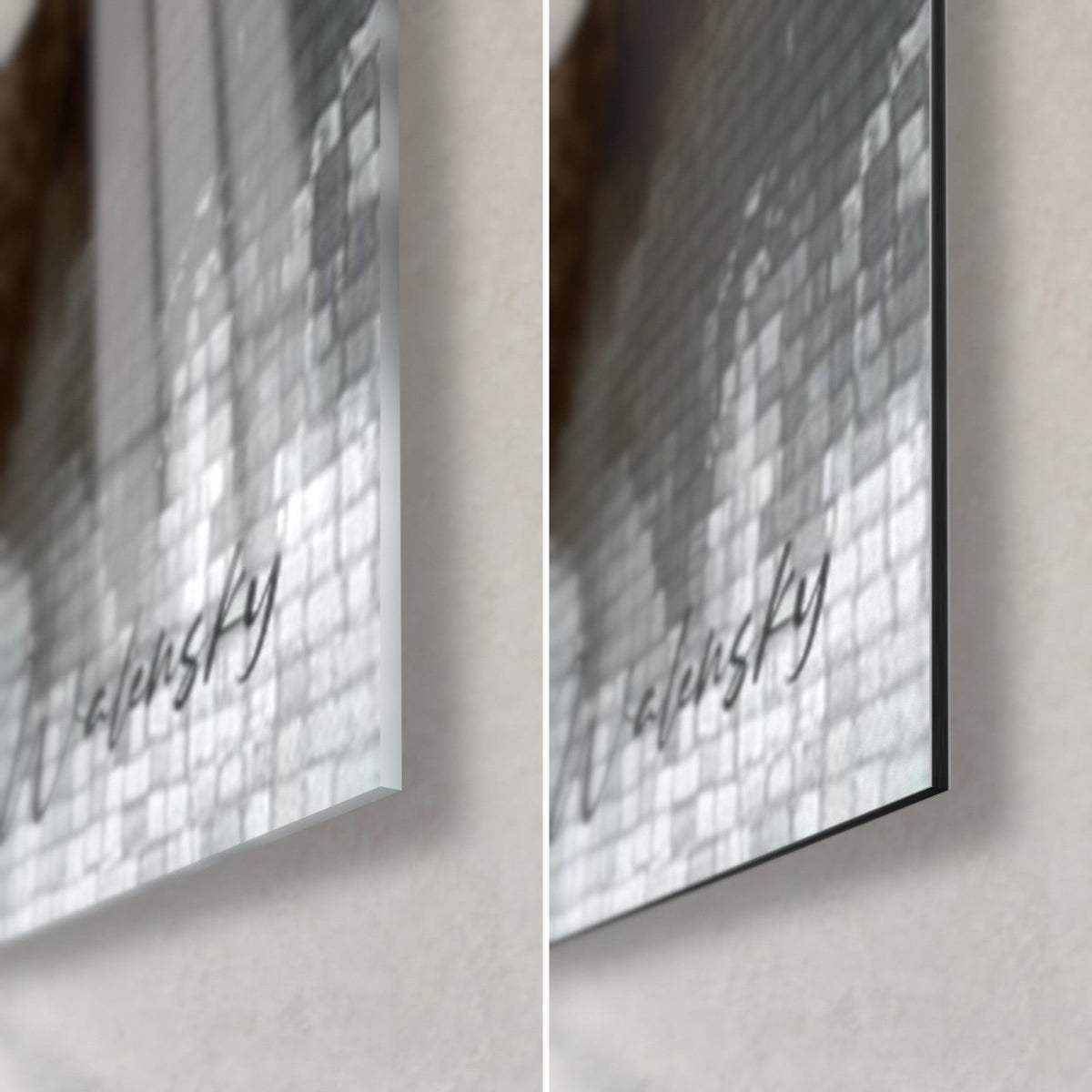 Wall art of a pixelated tiger, bottom right corner: glossy acrylic glass with grey reflections, matte black Dibond aluminum, 3 mm edge