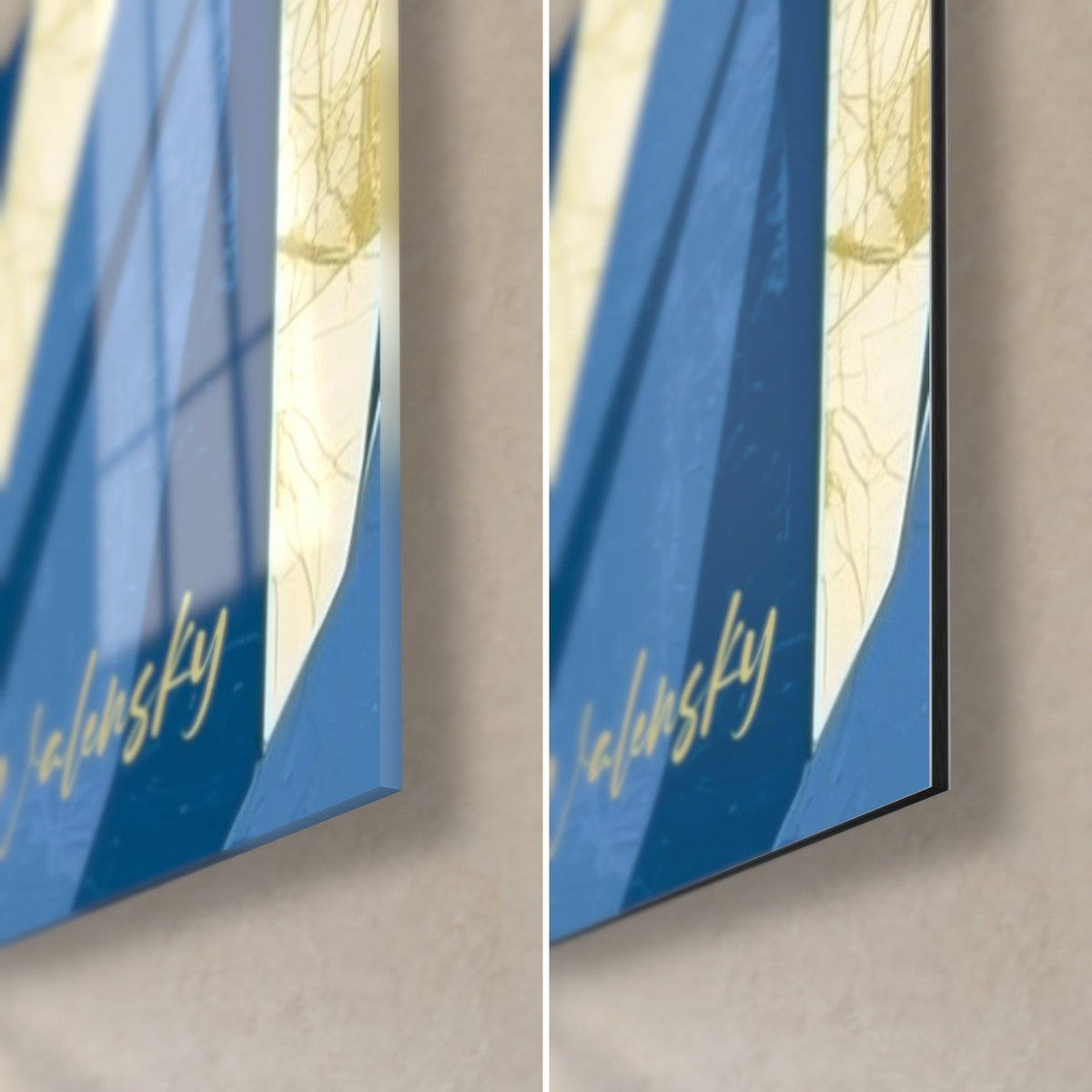 Gemälde mit kubistischem Tiger, untere rechte Ecke: glänzendes Acrylglas links, mattes Dibond-Aluminium rechts, Blau und Gold, 3 mm Kante