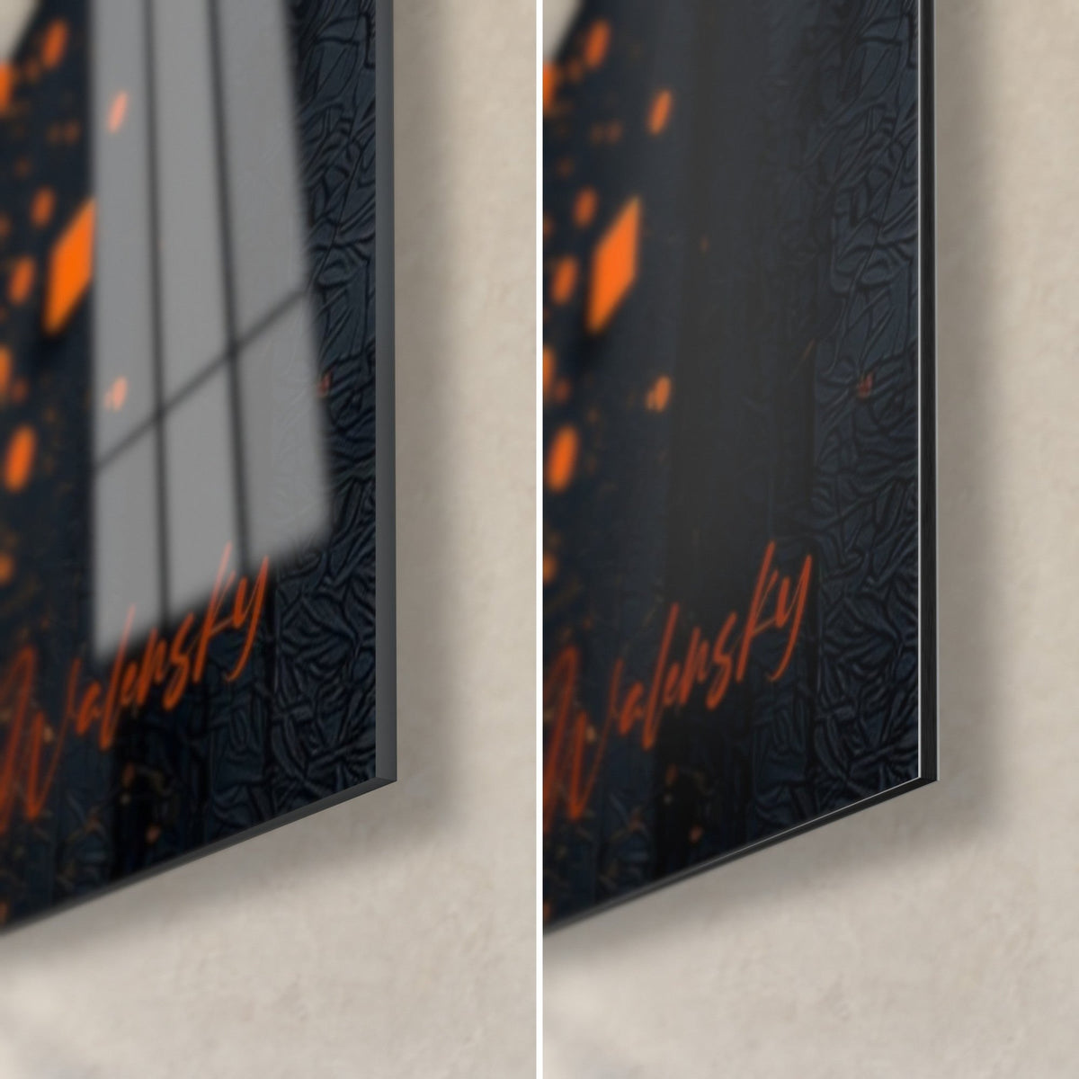 Gemälde Tiger in Orange und Anthrazit, untere rechte Ecke: Walensky-Signatur in Orange, glänzendes Acrylglas und mattes Dibond-Aluminium, 3 mm Kante