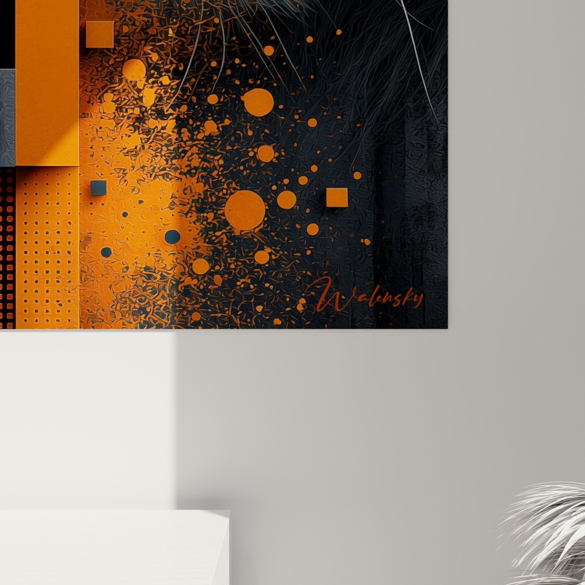 Empâtements orange et gris se mêlent aux moustaches blanches dans un rendu texturé et lumineux