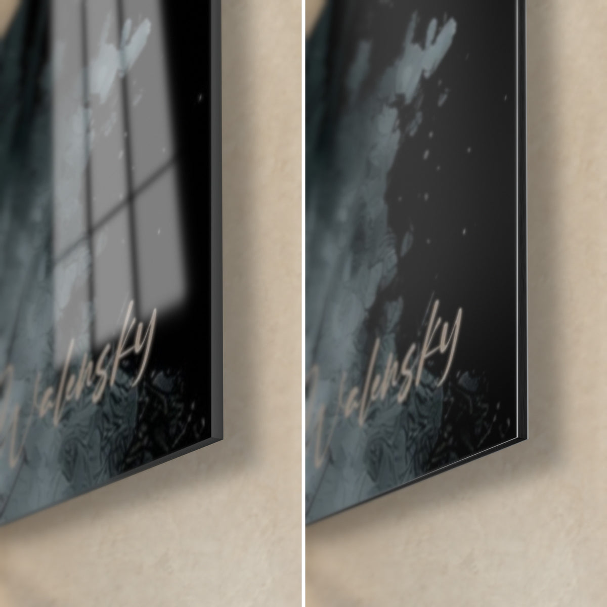 Tiger wall art with white whiskers, bottom right corner: glossy acrylic glass reflecting the window, matte black Dibond aluminium, 3 mm edge