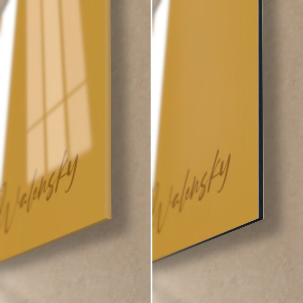Wall art ochre and black tiger, bottom right corner: glossy acrylic glass on the left, matte Dibond aluminium on the right, 3 mm edge visible