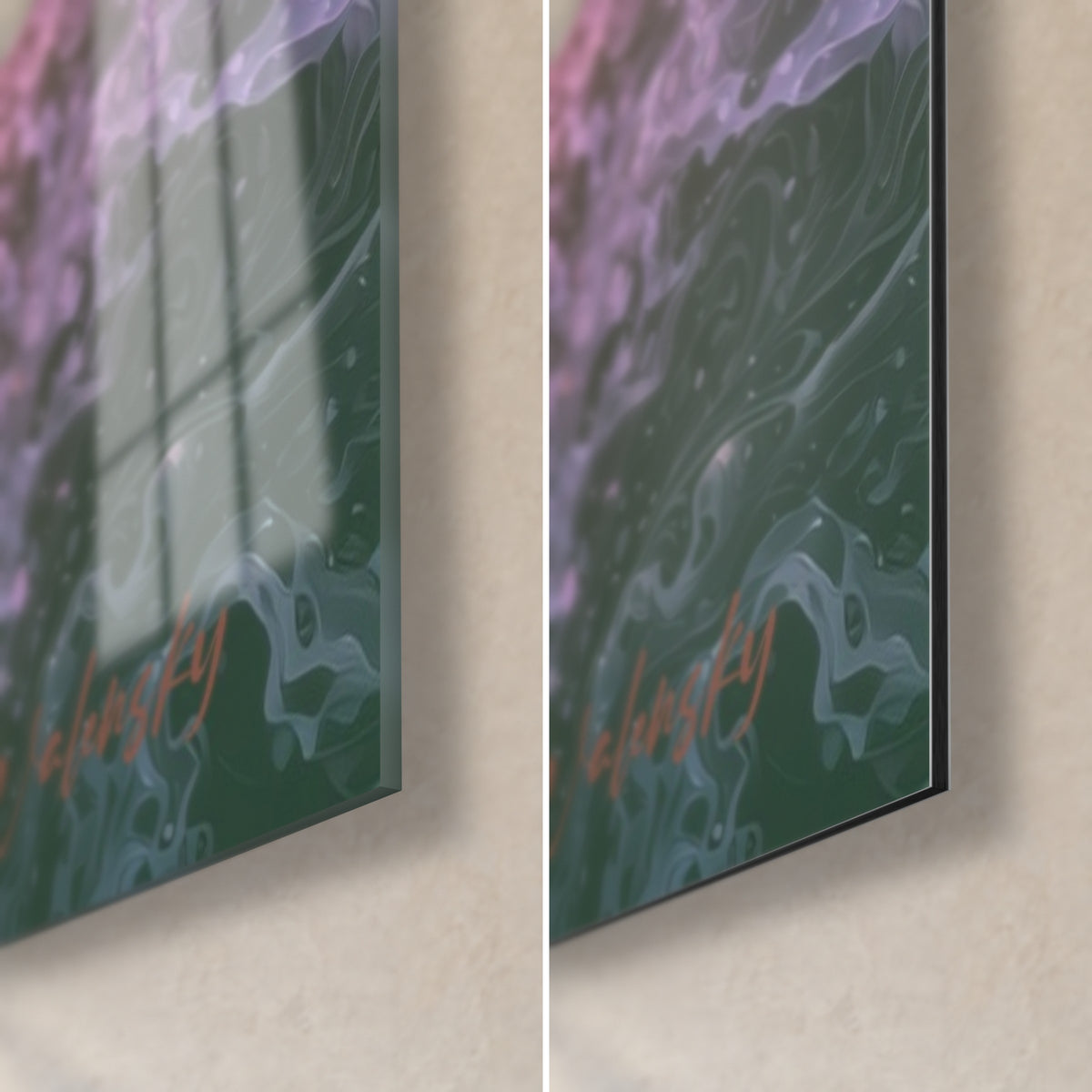 Wall art tiger with amber eyes, bottom right corner in glossy glass and matte Dibond, dark green and violet waves, 3 mm thickness
