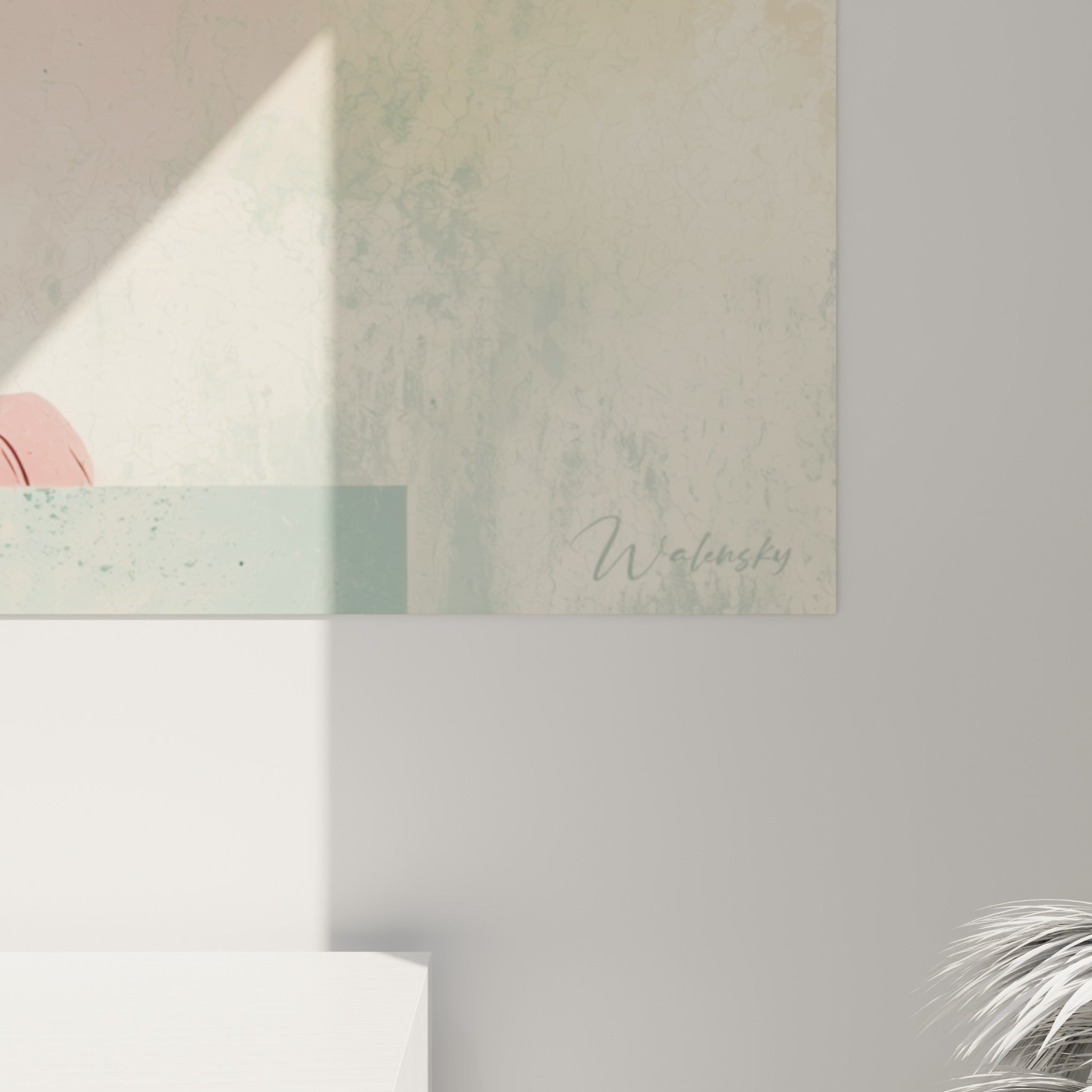 Détail du pelage rose et beige du tigre, texture granuleuse et rayures noires finement dessinées sur la toile.