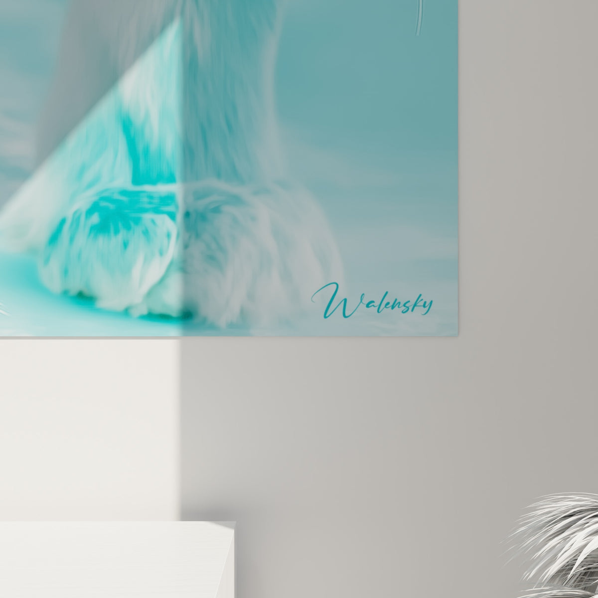 Détail du pelage turquoise et blanc du tigre, texture fine des rayures et grain de l'impression visible