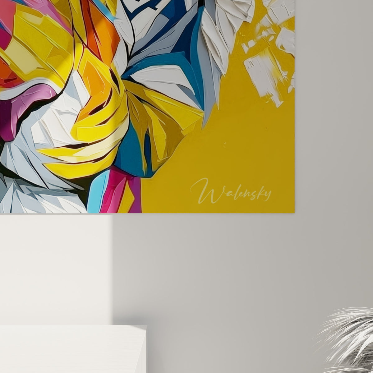 Empâtements colorés du pelage de tigre où jaune moutarde, bleu profond et fuchsia se touchent en facettes nettes