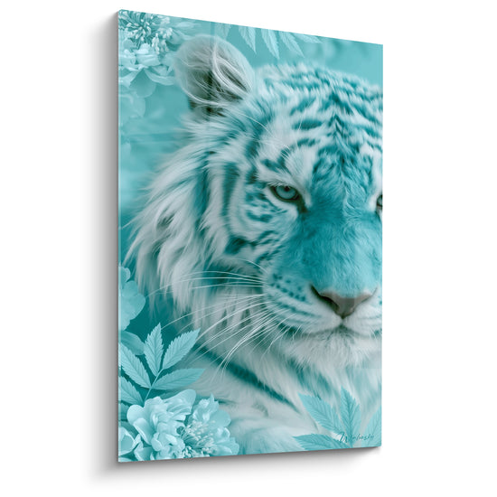 Tableau Tigre turquoise et blanc aux fleurs - Regard glacé - Edition Tigre