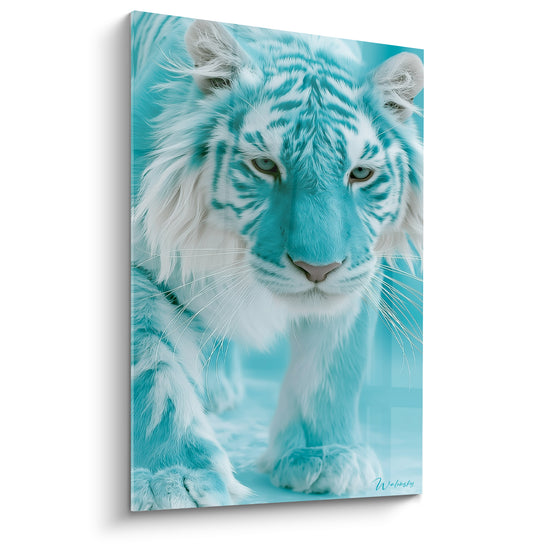 Tableau Tigre turquoise et blanc en marche - Avancée glaciale - Edition Tigre