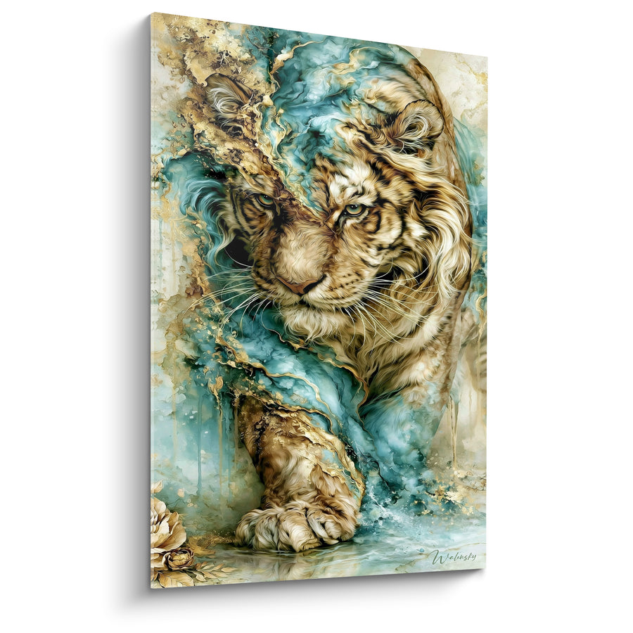Tableau Tigre en marche turquoise et doré - Passage furtif - Edition Tigre