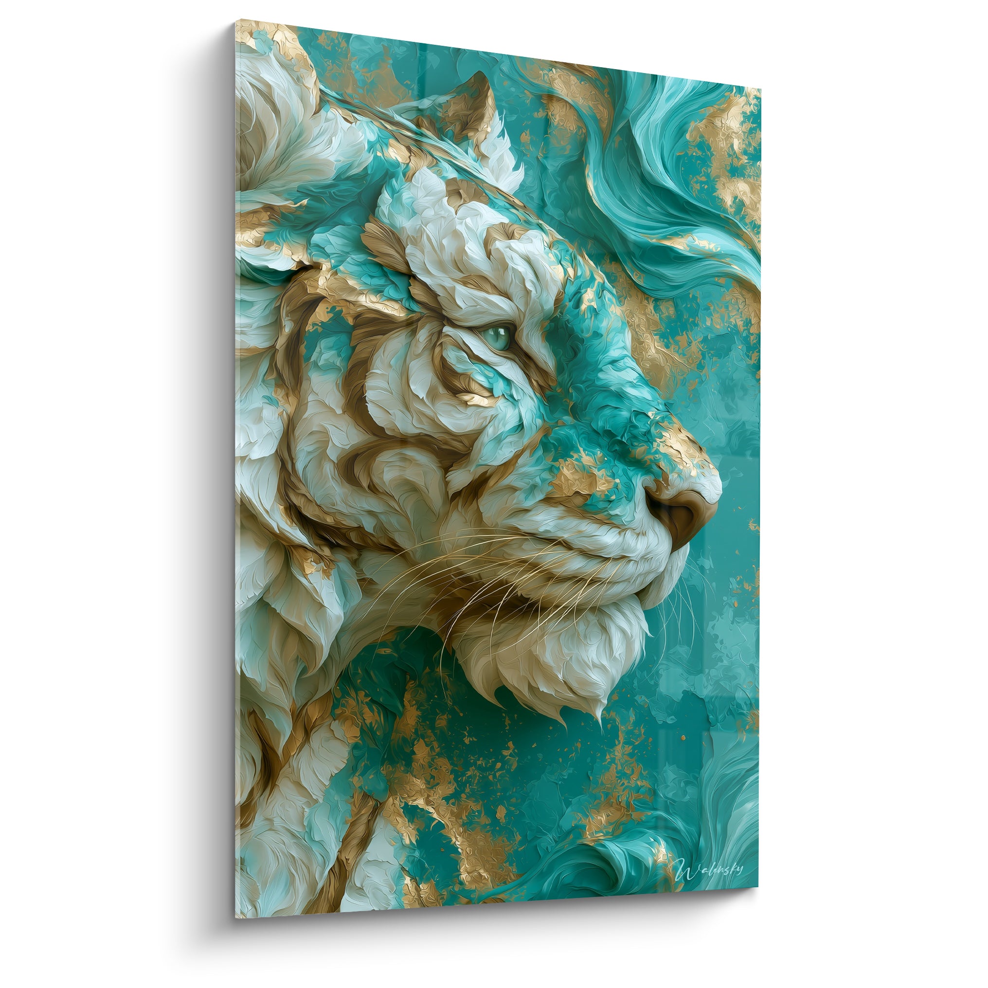 Tigre sculptural turquoise et doré représenté de profil, empâtements texturés en gros plan visible