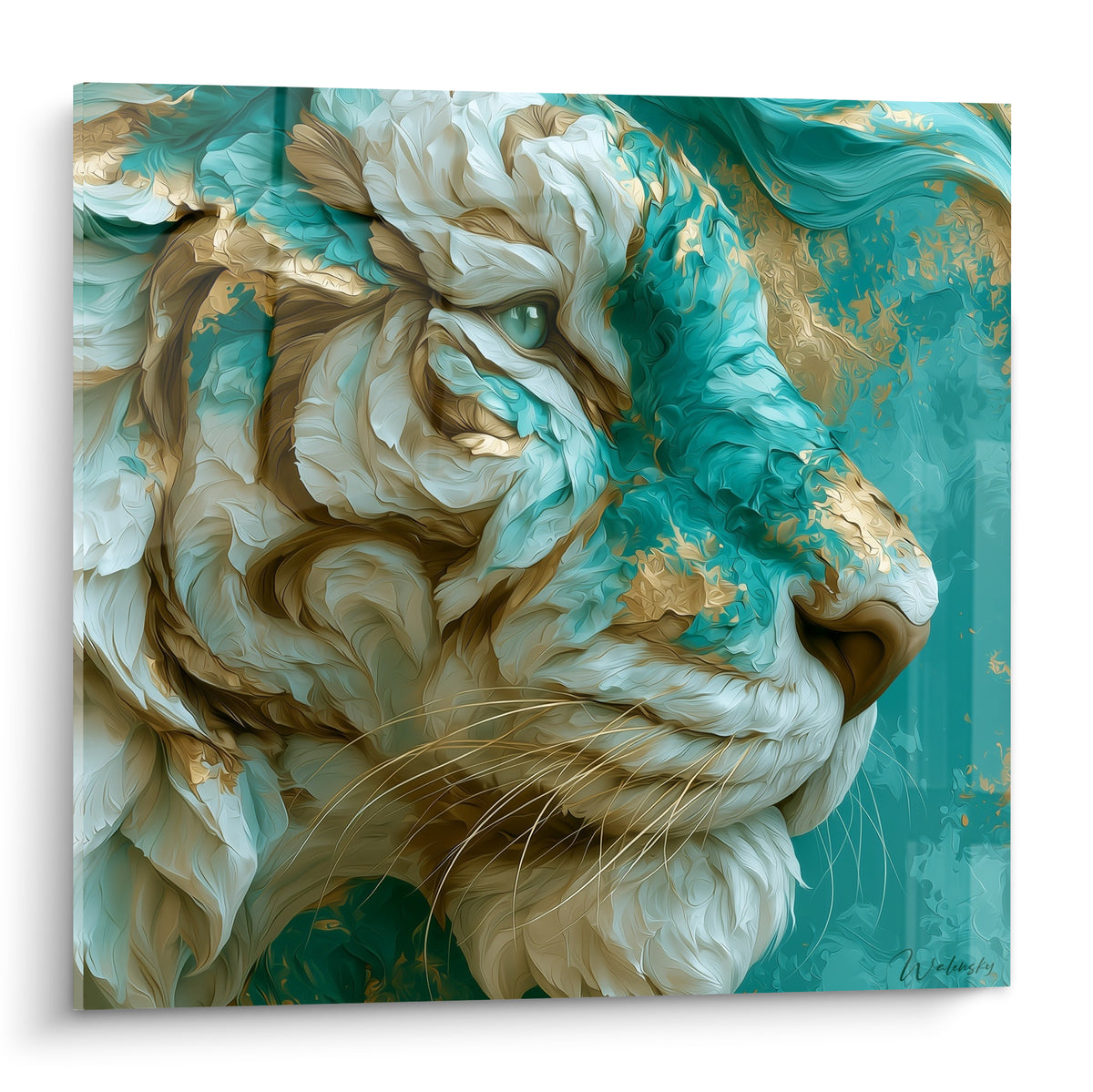 Tigre turquoise et doré au regard vert émeraude, portrait pictural texturé et raffiné
