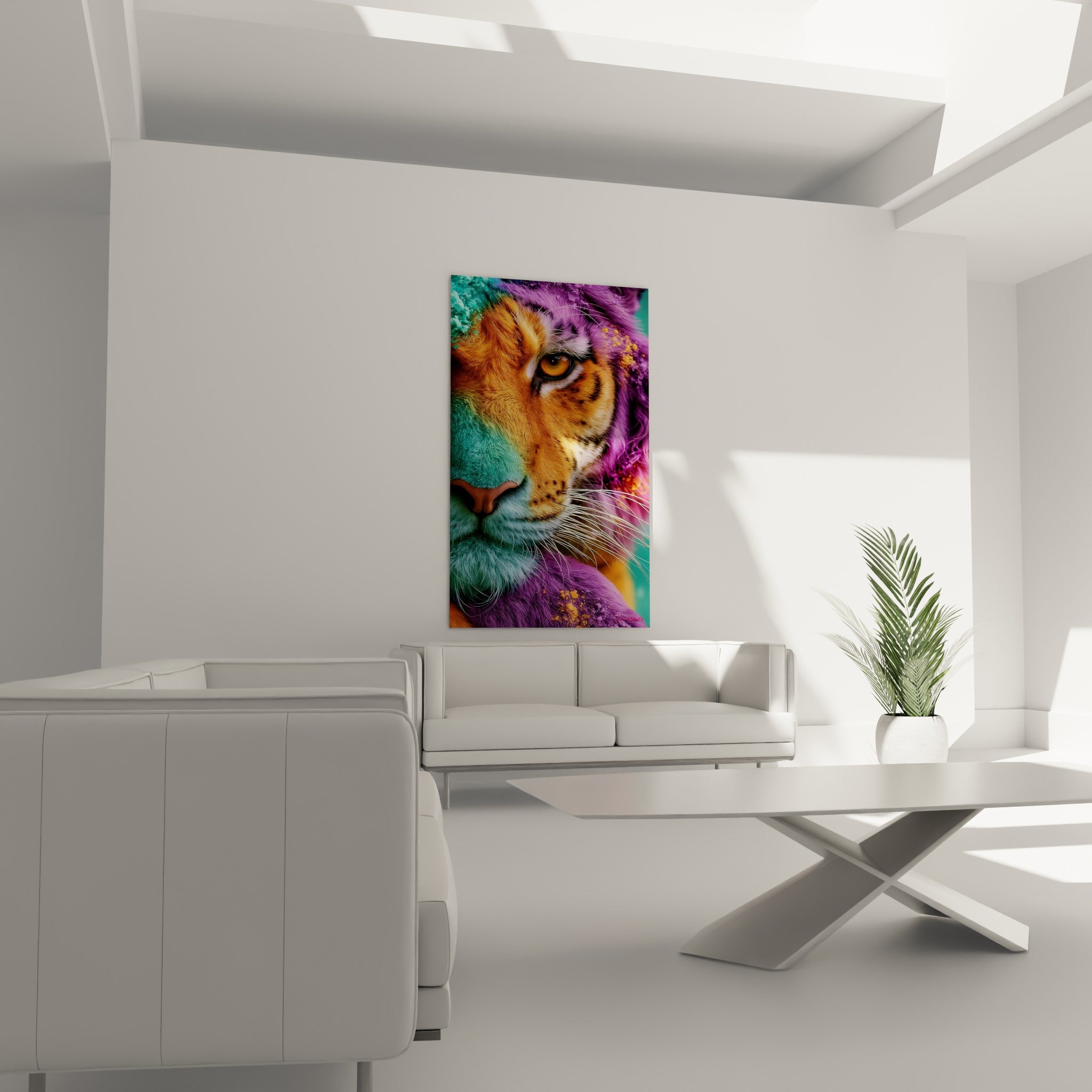 Regard félin orangé cerné de violet et turquoise, suspendu au-dessus d'un canapé dans un salon lumineux.