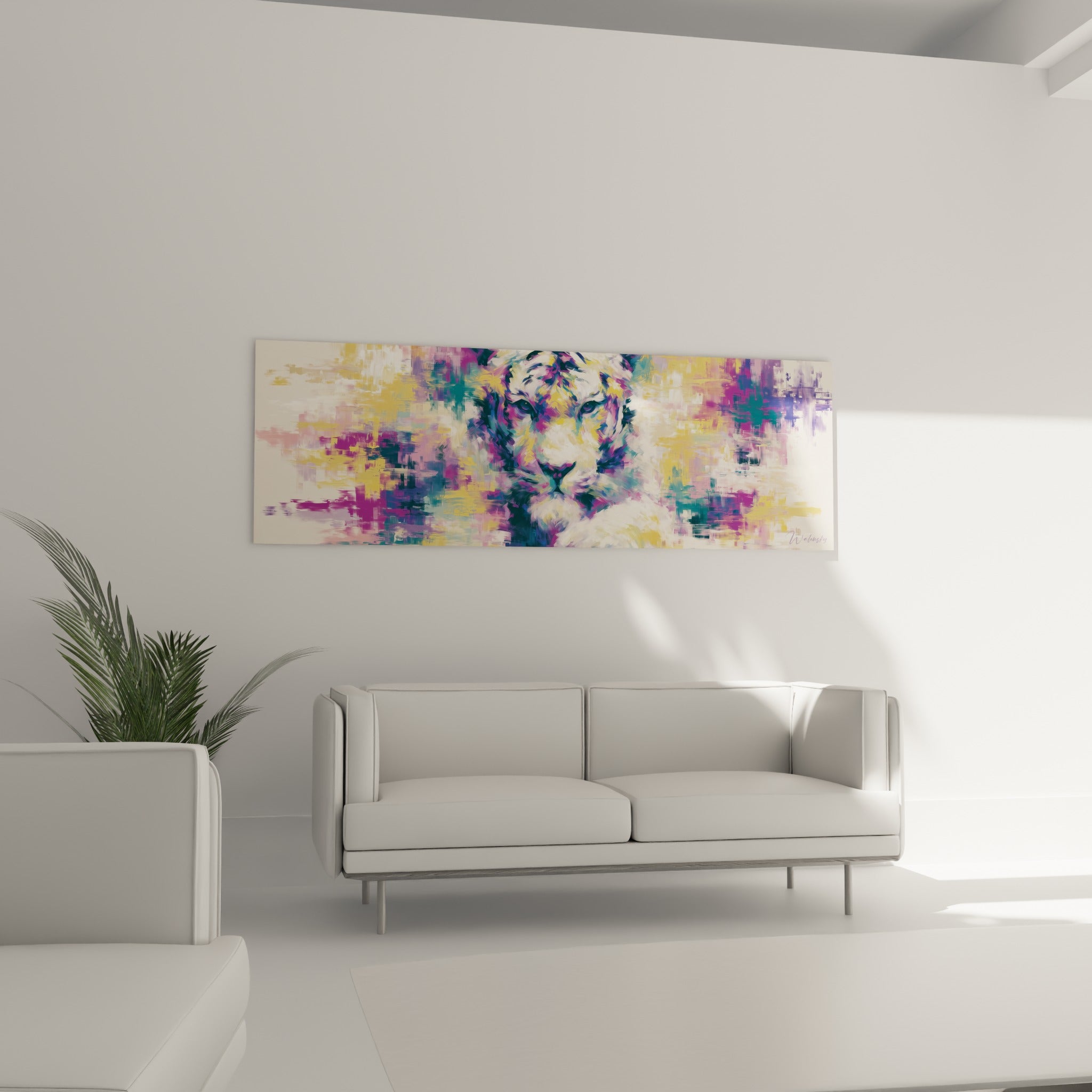 Portrait de tigre coloré en violet et ocre suspendu au-dessus d'un canapé dans un salon lumineux