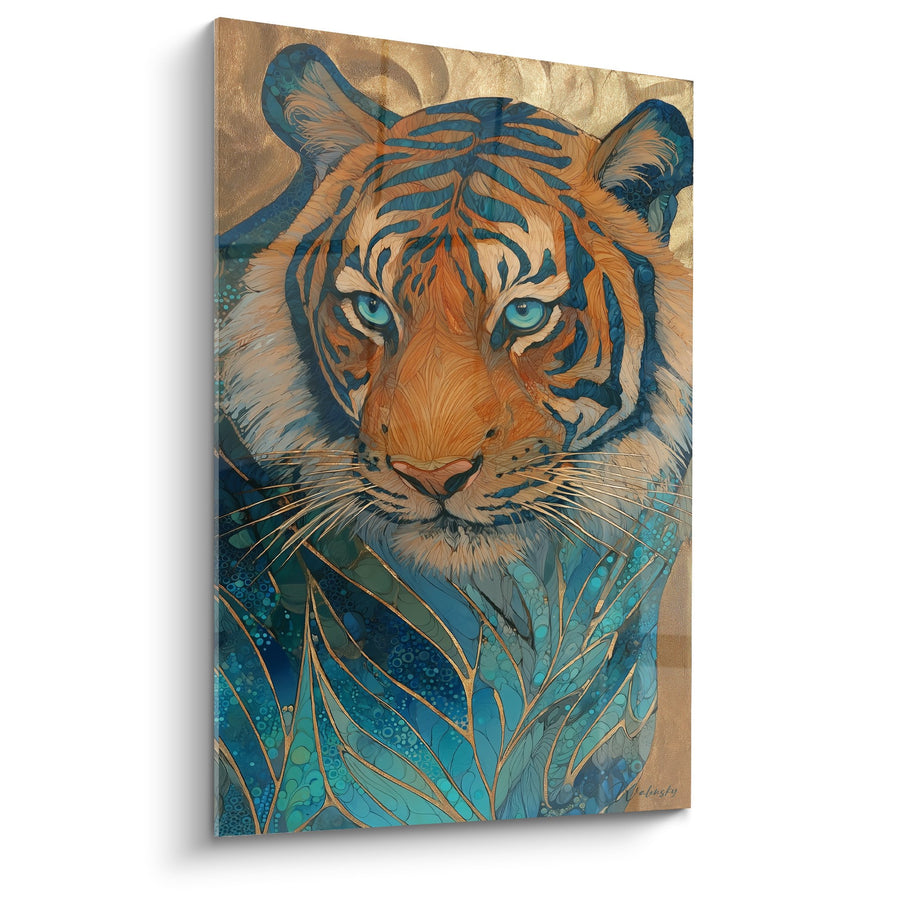 Tableau Tigre aux Tons Turquoise et Dorés avec Feuillage Tropical - Majesté Exotique - Edition Tigre
