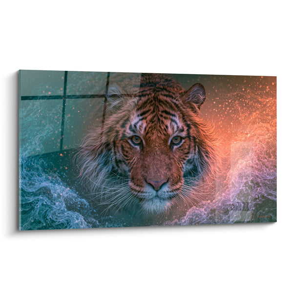 Tableau Tigre entre vagues bleu turquoise et orange - Collision des éléments - Edition Tigre