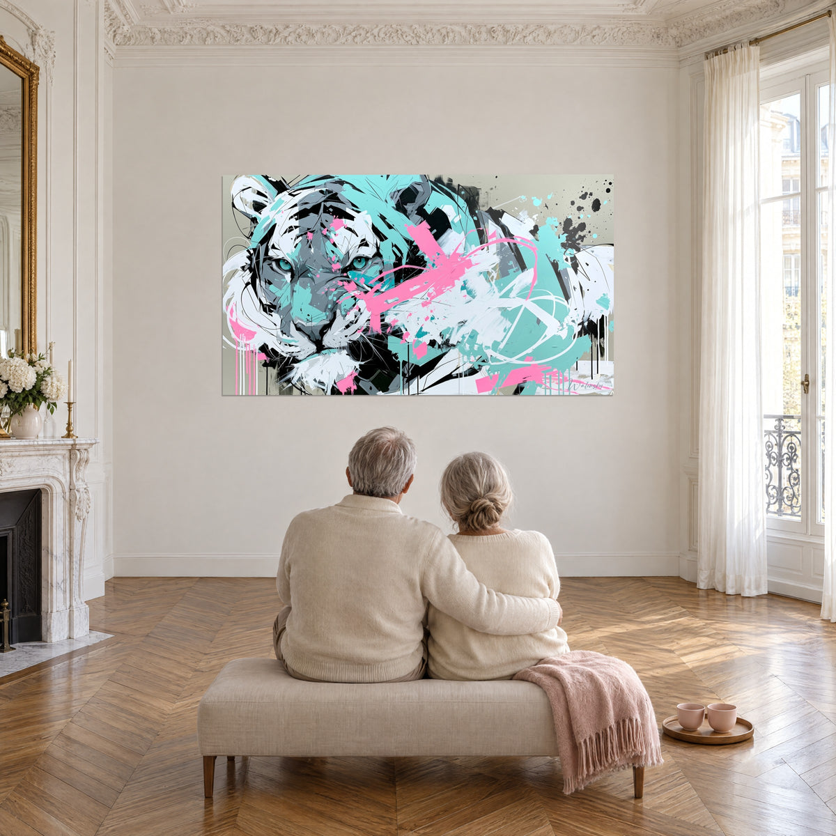 Schilderij Grafische kat in wit, turquoise en roze op een crèmekleurige muur, een koppel van achteren op een bank, woonkamer in Haussmann-stijl
