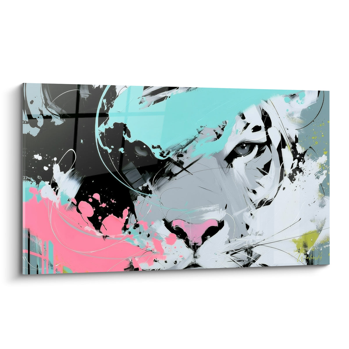 Tigre au regard perçant, museau gris et blanc éclaboussé de turquoise et rose vif intense