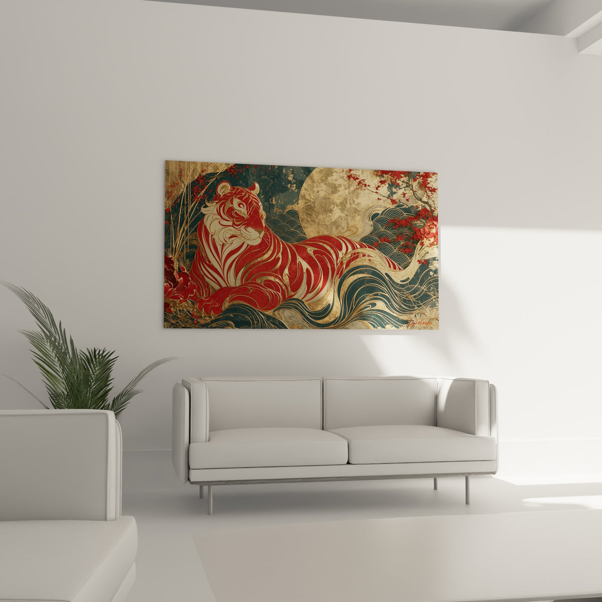 Silhouette féline rouge et doré ornée de fleurs de cerisier, au-dessus d'un canapé dans un salon lumineux