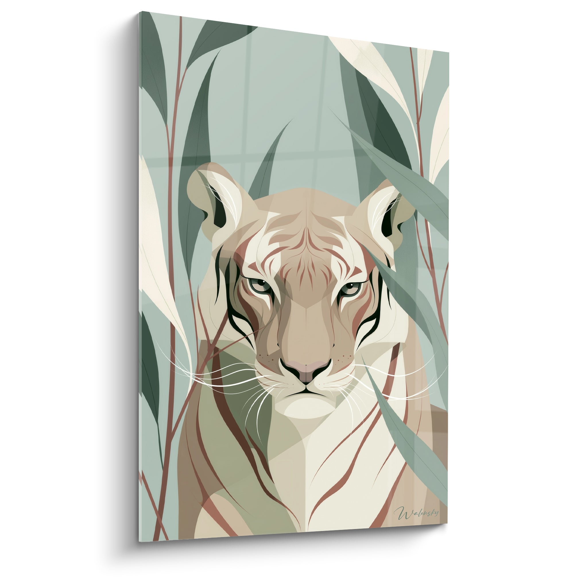 Tigre stylisé beige et vert sauge, regard fixe entre des feuillages terracotta