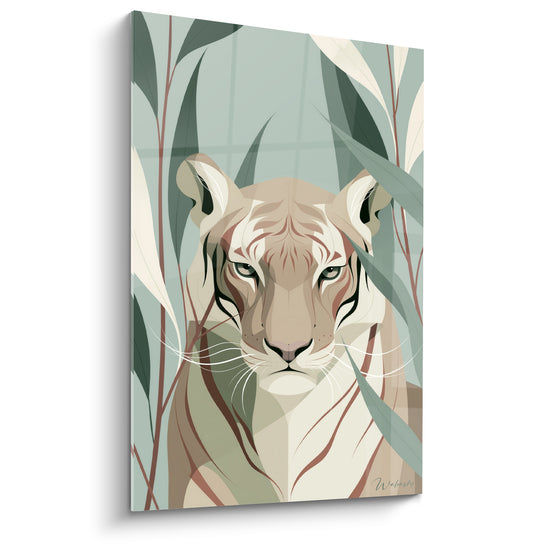 Tigre stylisé beige et vert sauge, regard fixe entre des feuillages terracotta