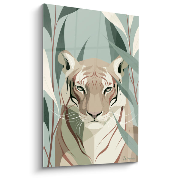 Tableau Tigre beige et vert sauge parmi feuillages - Guet dans les feuillages - Edition Tigre