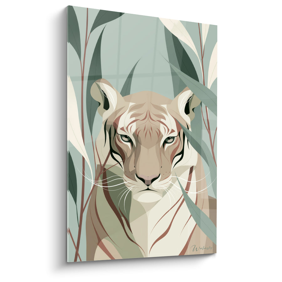 Tableau Tigre beige et vert sauge parmi feuillages - Guet dans les feuillages - Edition Tigre