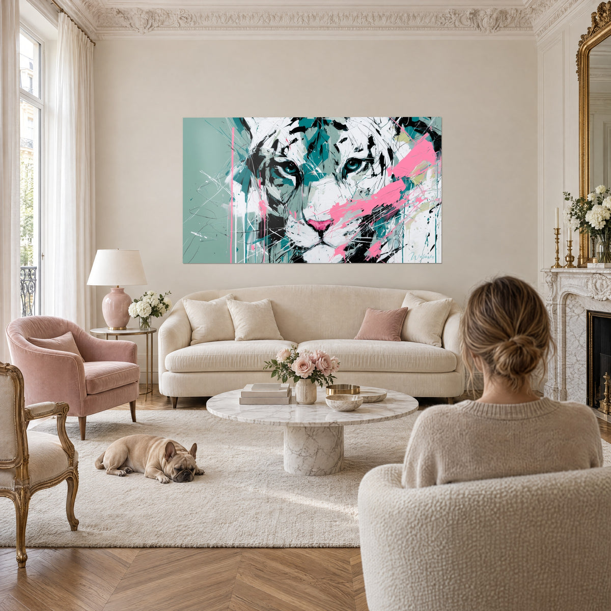 Gemälde weißer Katzenartiger mit türkisfarbenen Augen, rosa Spritzer und schwarze Laufspuren, über einem Sofa in einem hellen Wohnzimmer