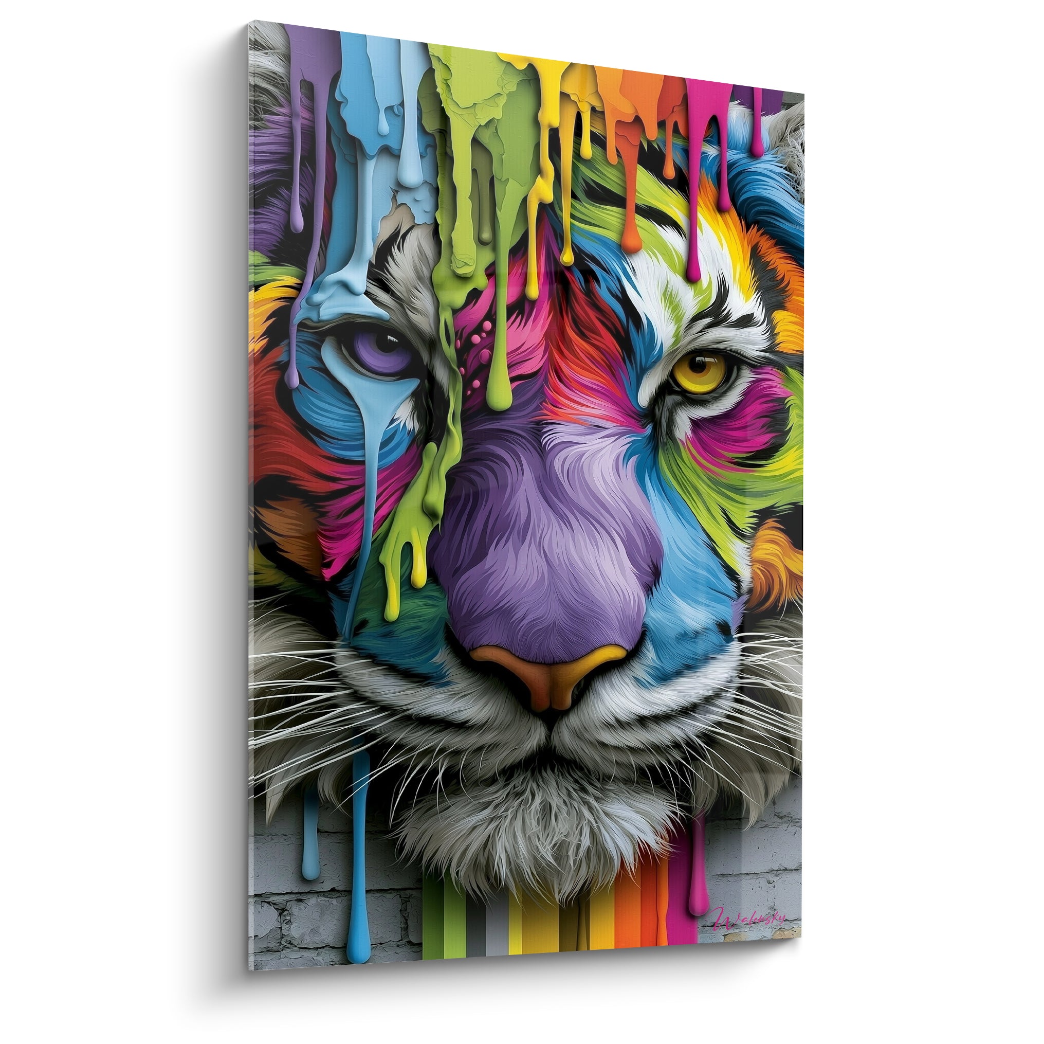 Tigre au pelage remplacé par coulures violettes, bleues et roses, regard bicolore intense