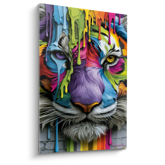 Tableau Tigre violet et bleu aux coulures multicolores - Éveil chromatique - Edition Tigre