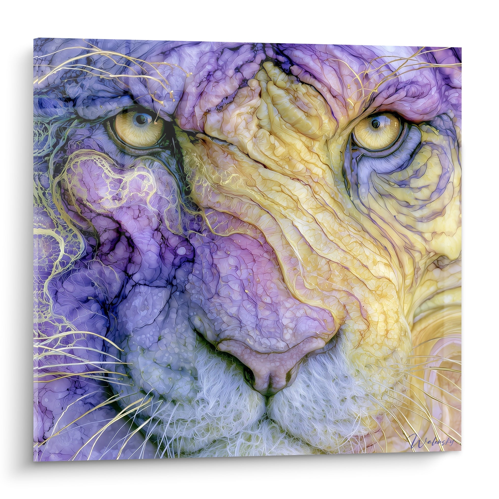 Tigre au regard perçant, museau violet lavande et doré miel en aquarelle texturée sur toile.